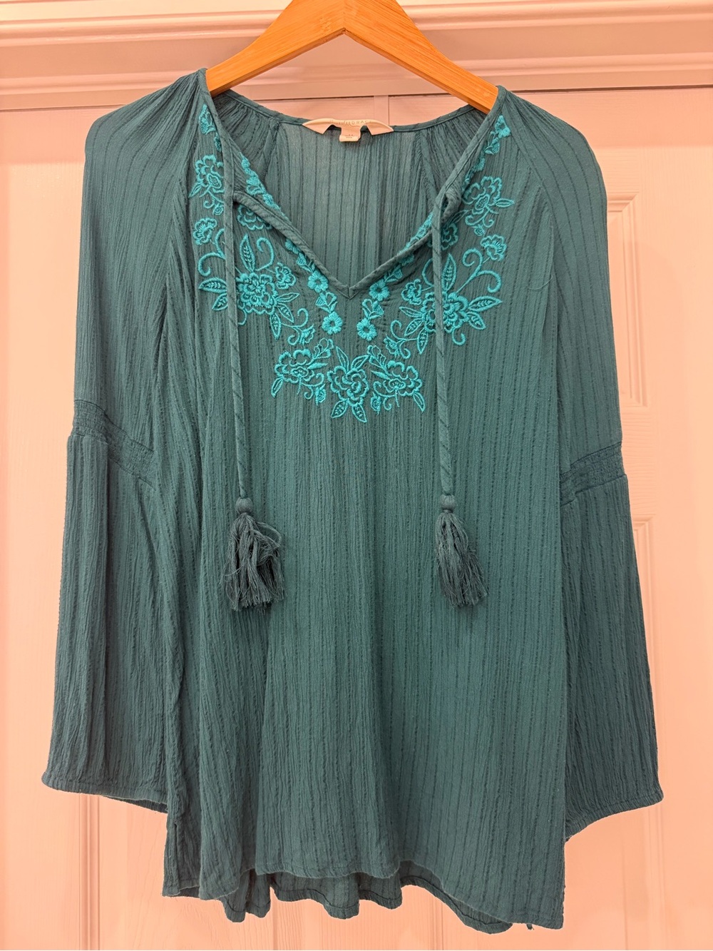 Teal Embroidered V-Neck Peasant Top with Tassels